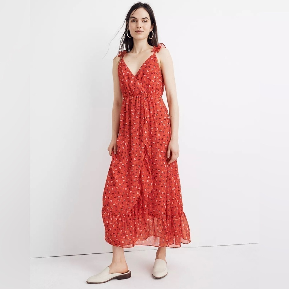 Madewell Ruffle Strap Wrap Dress in Metallic Striped Prairie Posies, size 6. NWT